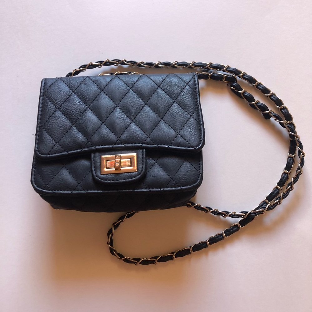 Black Mini Purse with Gold & Leather Chain Strap
